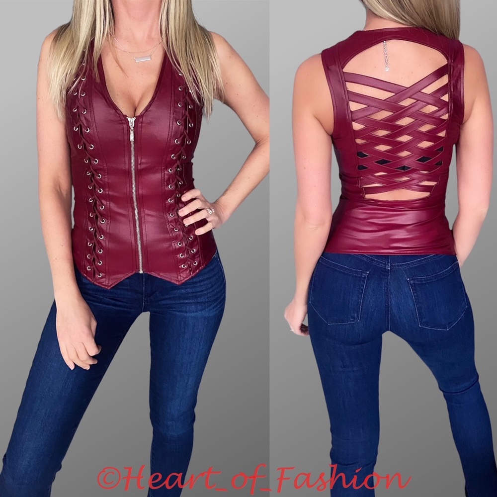 SEXY Faux Leather Zip Front Lace Up Strappy Fitted Vest Burgundy